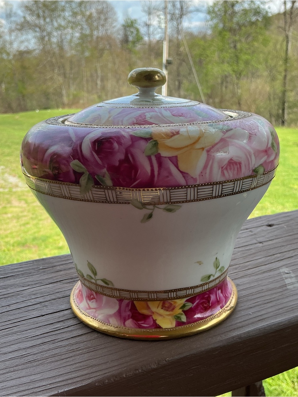 Antique Nippon Biscuit Jar Hand Painted Roses Gold Moriage 1920’s Japan